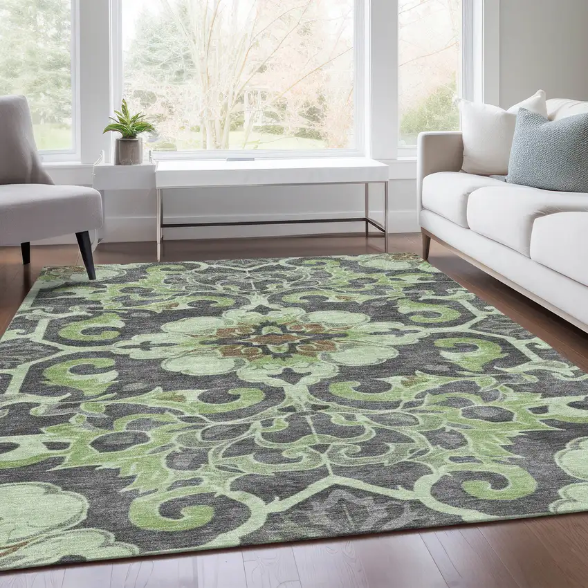Artichoke Green And Charcoal Damask Washable Indoor Outdoor Area Rug Photo 7