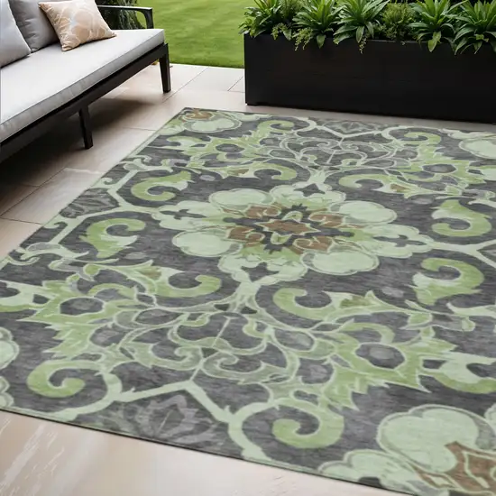 Artichoke Green And Charcoal Damask Washable Indoor Outdoor Area Rug Photo 2