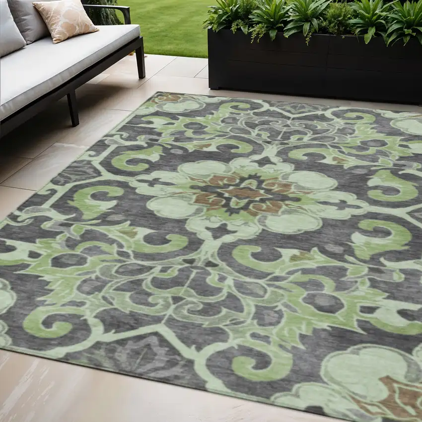 Artichoke Green And Charcoal Damask Washable Indoor Outdoor Area Rug Photo 2