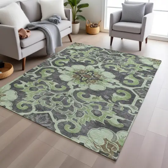 Artichoke Green And Charcoal Damask Washable Indoor Outdoor Area Rug Photo 6
