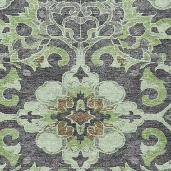 Artichoke Green And Charcoal Damask Washable Indoor Outdoor Area Rug Photo 3