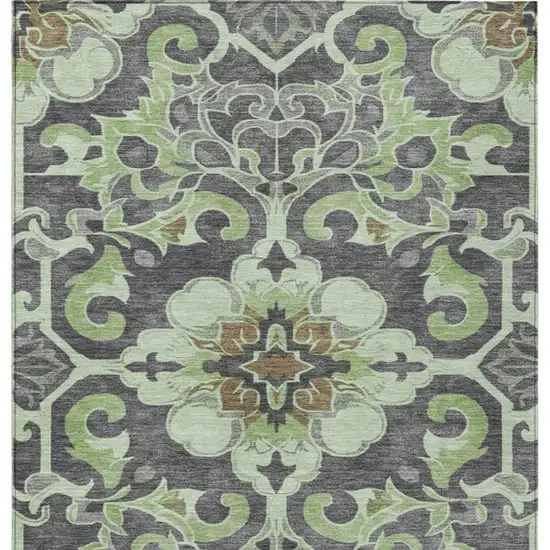 Artichoke Green And Charcoal Damask Washable Indoor Outdoor Area Rug Photo 4