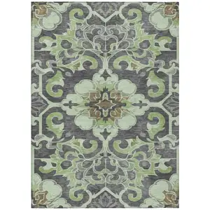 Photo of Artichoke Green And Charcoal Damask Washable Indoor Outdoor Area Rug