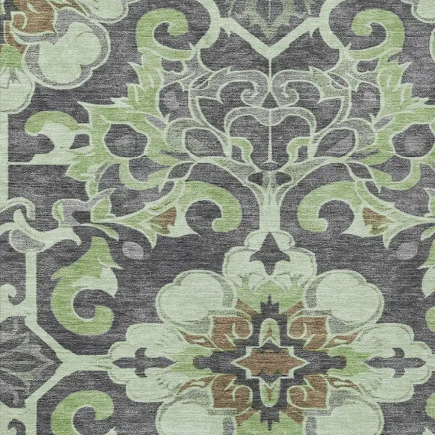 Artichoke Green And Charcoal Damask Washable Indoor Outdoor Area Rug Photo 3