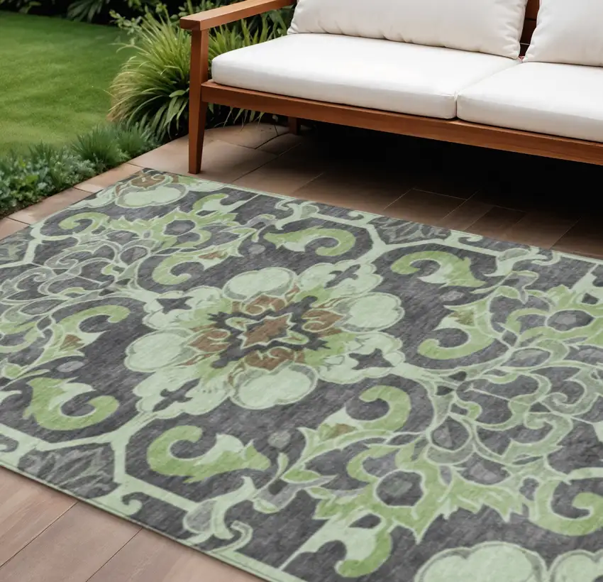 Artichoke Green And Charcoal Damask Washable Indoor Outdoor Area Rug Photo 2