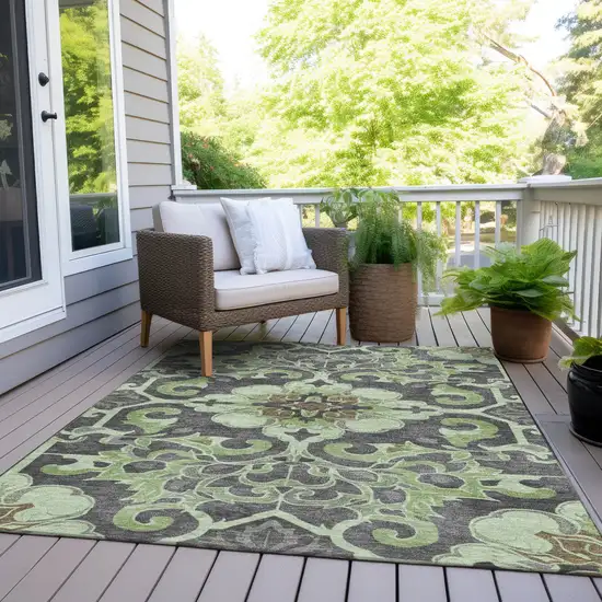 Artichoke Green And Charcoal Damask Washable Indoor Outdoor Area Rug Photo 8