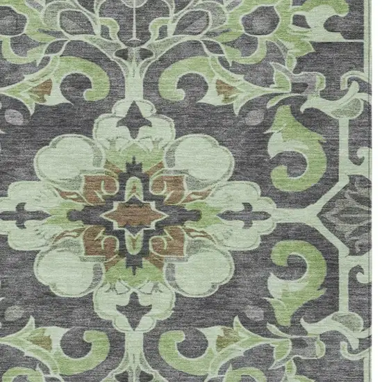 Artichoke Green And Charcoal Damask Washable Indoor Outdoor Area Rug Photo 4