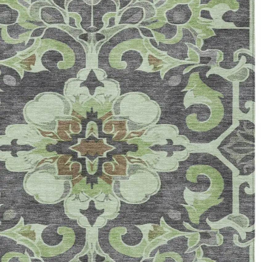 Artichoke Green And Charcoal Damask Washable Indoor Outdoor Area Rug Photo 4