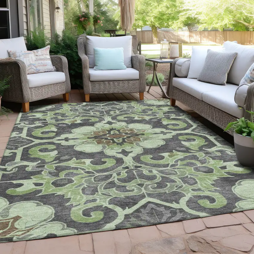 Artichoke Green And Charcoal Damask Washable Indoor Outdoor Area Rug Photo 5