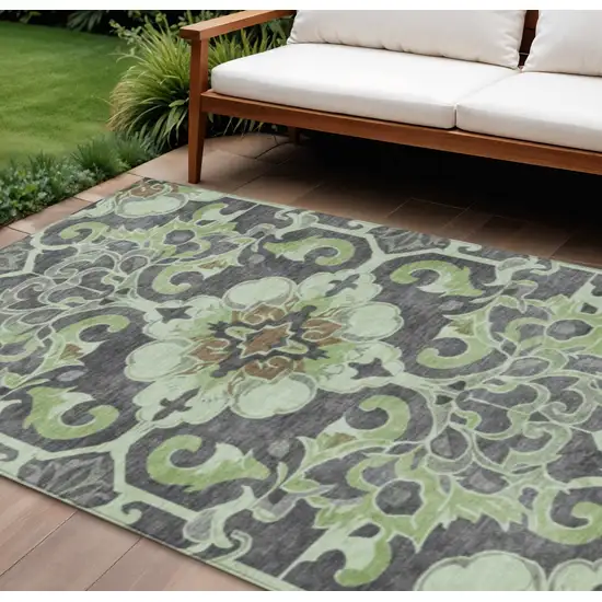Artichoke Green And Charcoal Damask Washable Indoor Outdoor Area Rug Photo 2