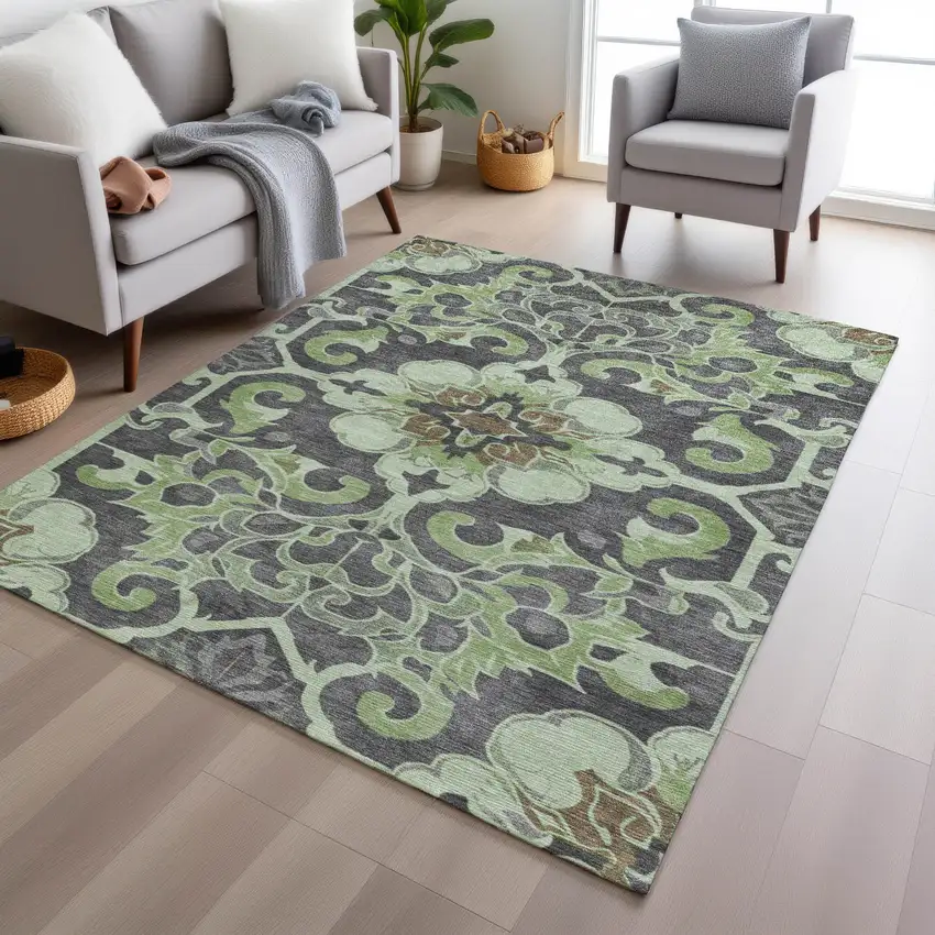 Artichoke Green And Charcoal Damask Washable Indoor Outdoor Area Rug Photo 6