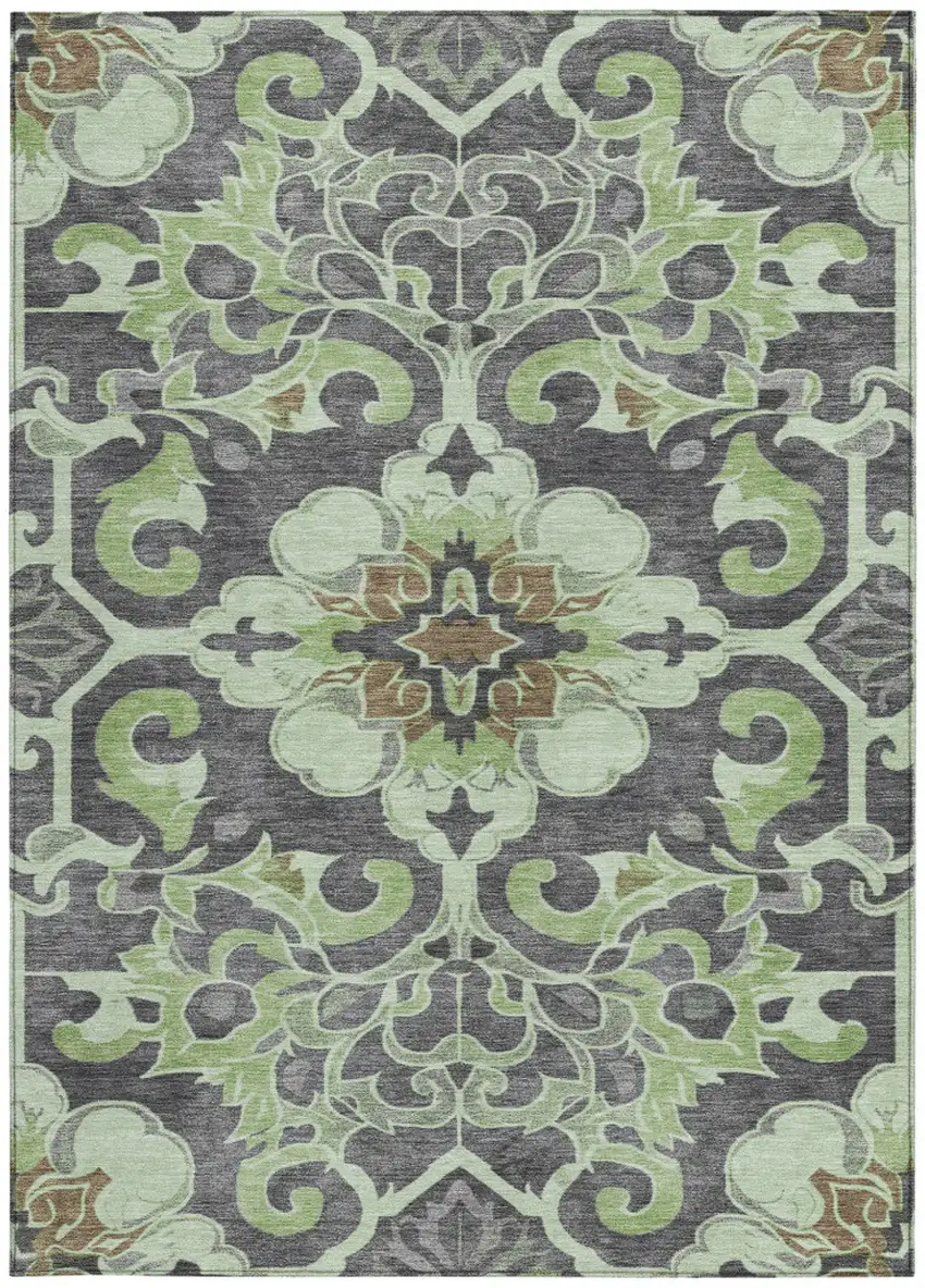 Artichoke Green And Charcoal Damask Washable Indoor Outdoor Area Rug Photo 3