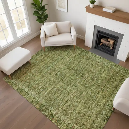 Artichoke Green And Copper Oriental Washable Area Rug With UV Protection Photo 4