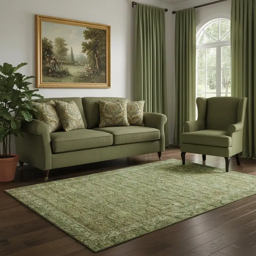 Artichoke Green And Copper Oriental Washable Area Rug With UV Protection Photo 2