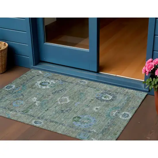 Artichoke Green And Denim Blue Floral Medallion Washable Indoor Outdoor Area Rug Photo 1