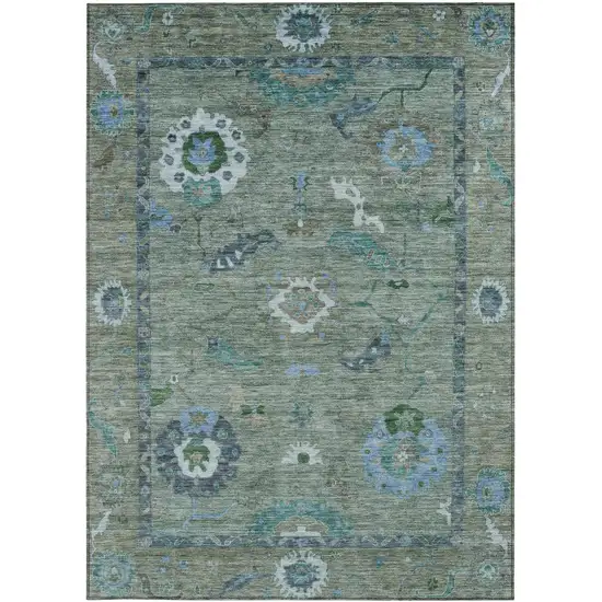 Artichoke Green And Denim Blue Floral Medallion Washable Indoor Outdoor Area Rug Photo 5