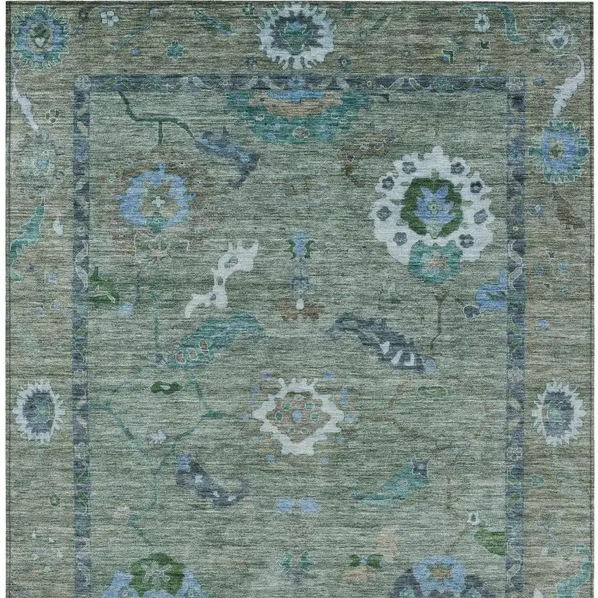 Artichoke Green And Denim Blue Floral Medallion Washable Indoor Outdoor Area Rug Photo 4