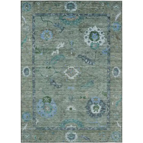 Artichoke Green And Denim Blue Floral Medallion Washable Indoor Outdoor Area Rug Photo 2