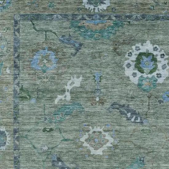 Artichoke Green And Denim Blue Floral Medallion Washable Indoor Outdoor Area Rug Photo 5