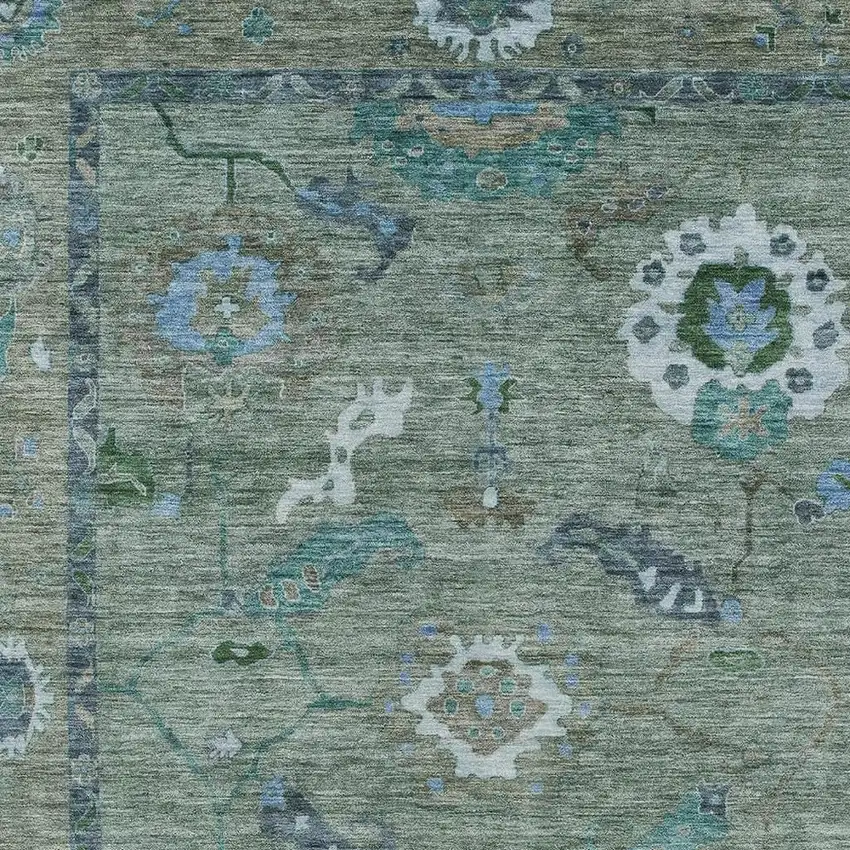 Artichoke Green And Denim Blue Floral Medallion Washable Indoor Outdoor Area Rug Photo 5