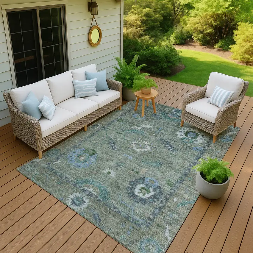 Artichoke Green And Denim Blue Floral Medallion Washable Indoor Outdoor Area Rug Photo 8