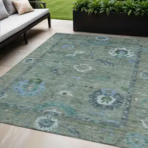 Photo of Artichoke Green And Denim Blue Floral Medallion Washable Indoor Outdoor Area Rug