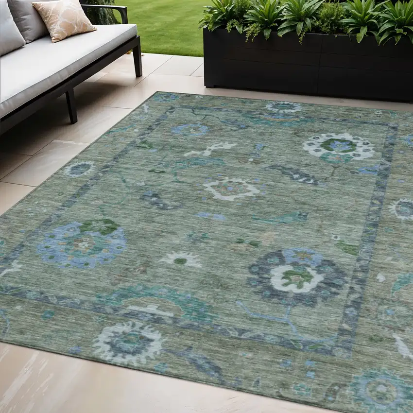 Artichoke Green And Denim Blue Floral Medallion Washable Indoor Outdoor Area Rug Photo 1