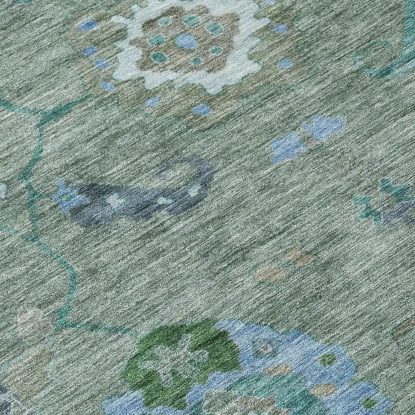 Artichoke Green And Denim Blue Floral Medallion Washable Indoor Outdoor Area Rug Photo 7