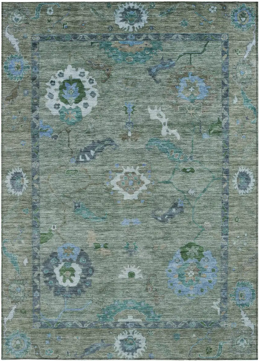 Artichoke Green And Denim Blue Floral Medallion Washable Indoor Outdoor Area Rug Photo 5