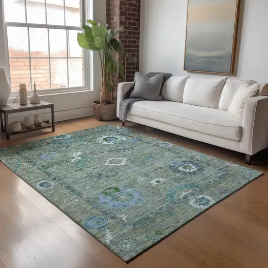 Artichoke Green And Denim Blue Floral Medallion Washable Indoor Outdoor Area Rug Photo 9