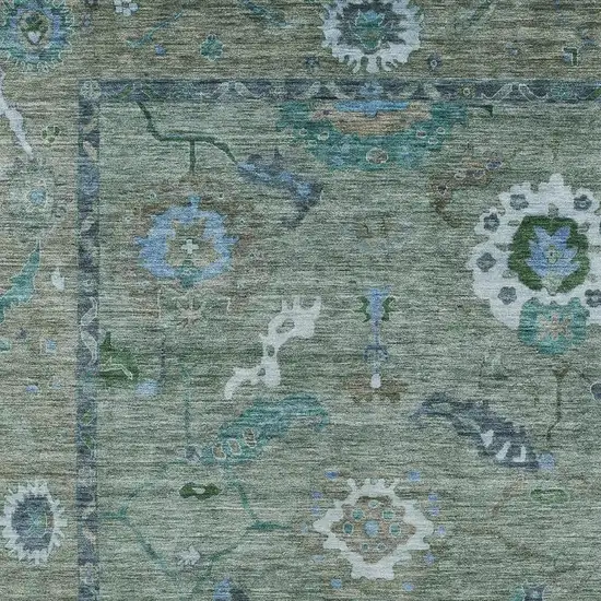 Artichoke Green And Denim Blue Floral Medallion Washable Indoor Outdoor Area Rug Photo 7