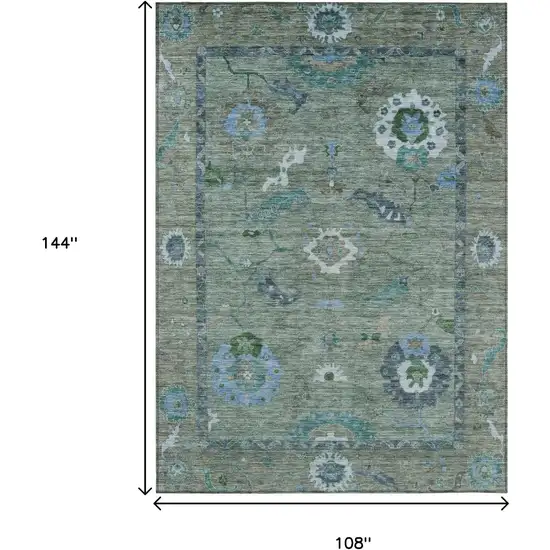 Artichoke Green And Denim Blue Floral Medallion Washable Indoor Outdoor Area Rug Photo 3