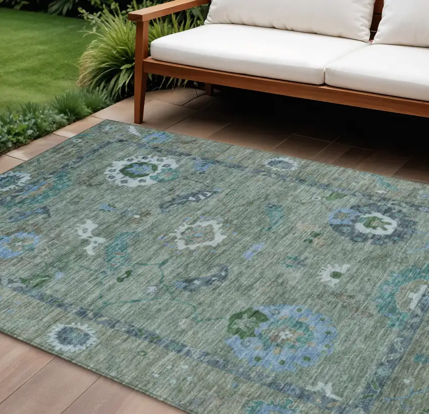 Artichoke Green And Denim Blue Floral Medallion Washable Indoor Outdoor Area Rug Photo 1