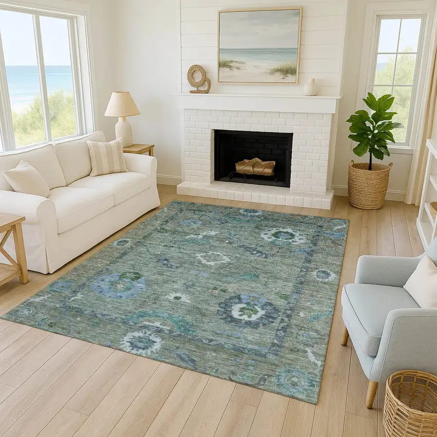 Artichoke Green And Denim Blue Floral Medallion Washable Indoor Outdoor Area Rug Photo 9