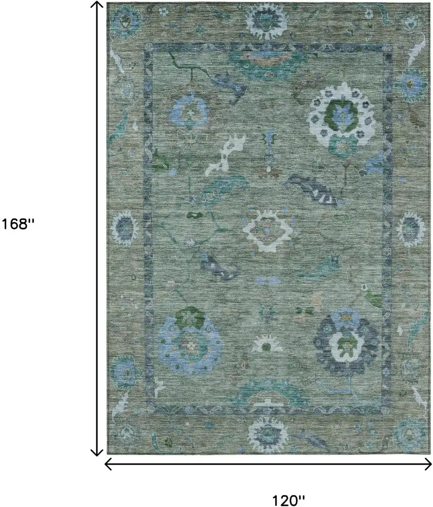 Artichoke Green And Denim Blue Floral Medallion Washable Indoor Outdoor Area Rug Photo 3