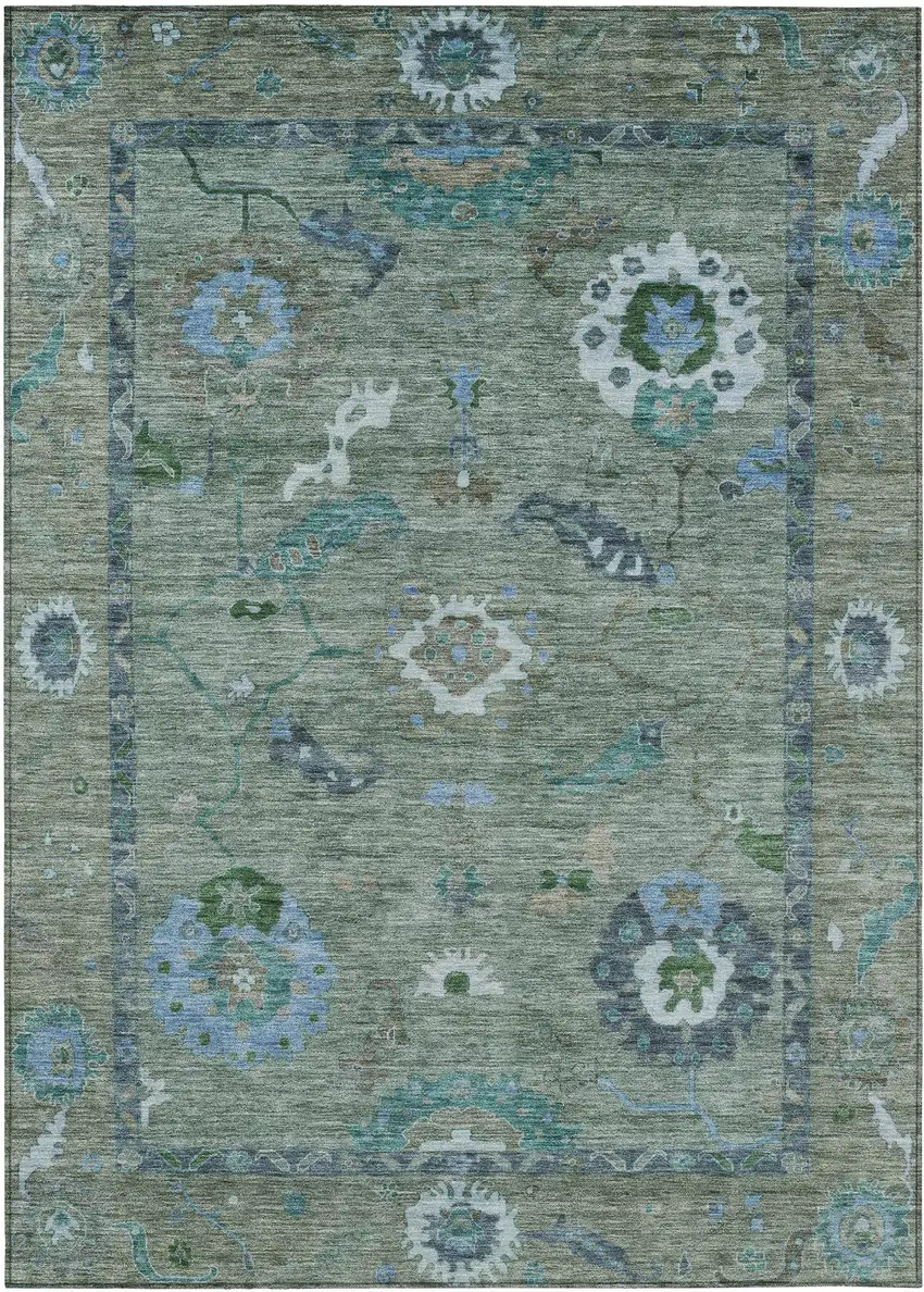 Artichoke Green And Denim Blue Floral Medallion Washable Indoor Outdoor Area Rug Photo 2