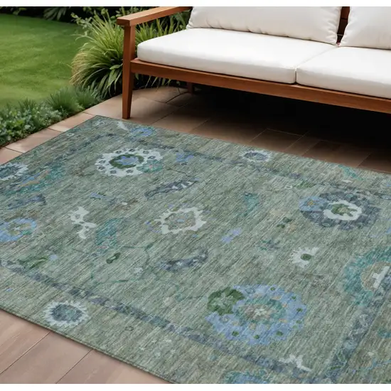 Artichoke Green And Denim Blue Floral Medallion Washable Indoor Outdoor Area Rug Photo 1