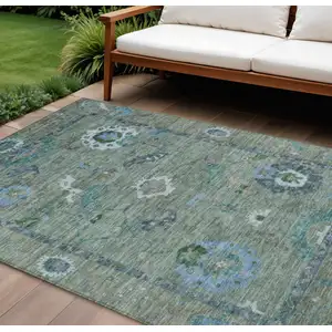 Photo of Artichoke Green And Denim Blue Floral Medallion Washable Indoor Outdoor Area Rug