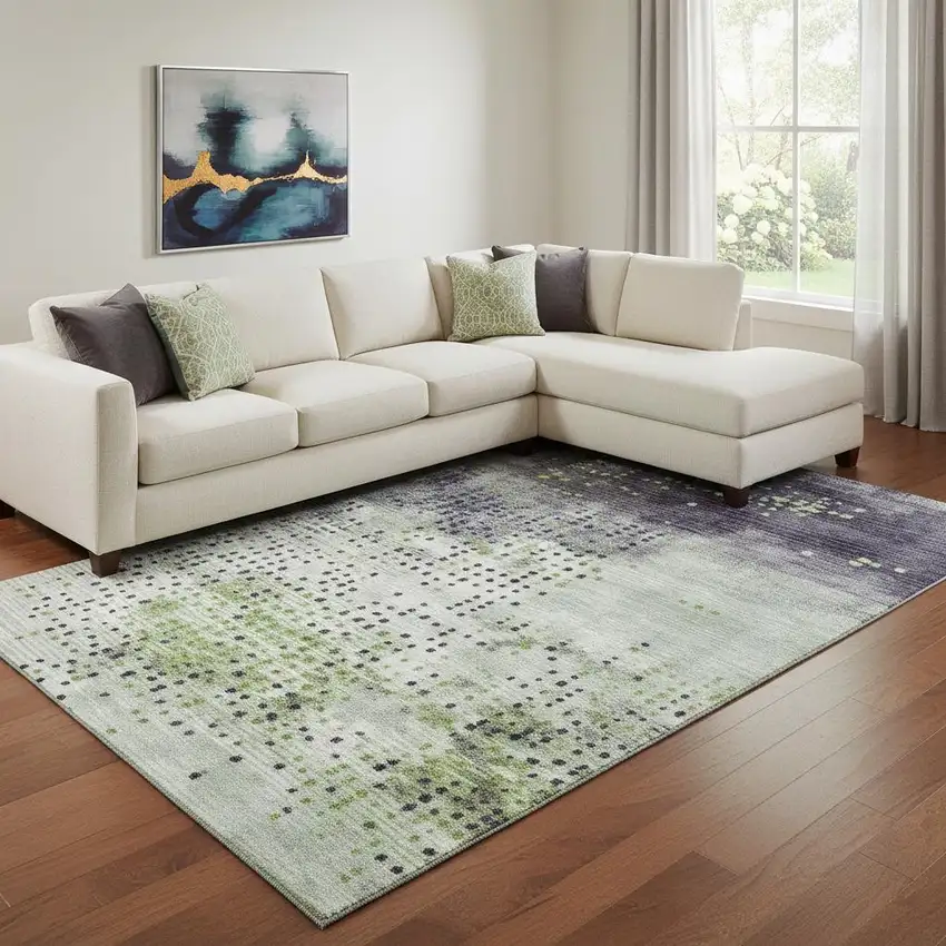 Artichoke Green And Eggplant Geometric Washable Area Rug With UV Protection Photo 2