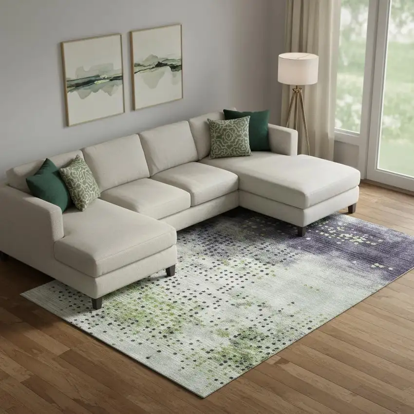 Artichoke Green And Eggplant Geometric Washable Area Rug With UV Protection Photo 2