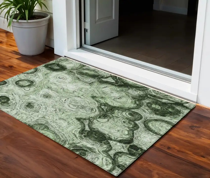 Artichoke Green And Emerald Abstract Washable Indoor Outdoor Area Rug Photo 1