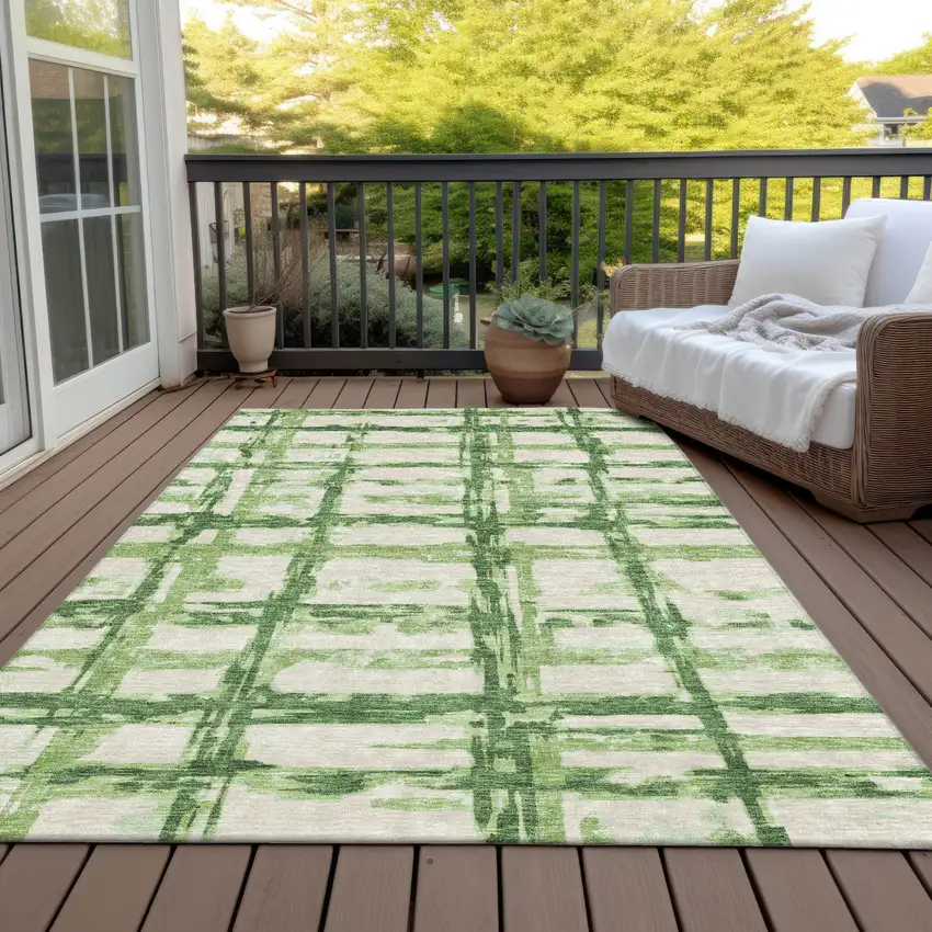 Artichoke Green And Emerald Striped Washable Indoor Outdoor Area Rug Photo 7