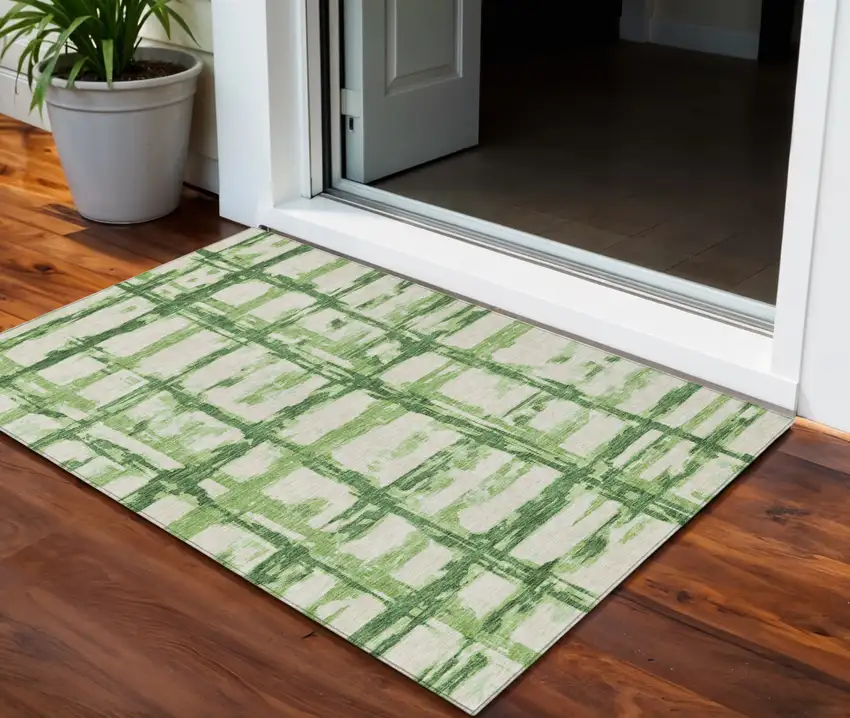Artichoke Green And Emerald Striped Washable Indoor Outdoor Area Rug Photo 1