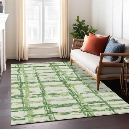 Artichoke Green And Emerald Striped Washable Indoor Outdoor Area Rug Photo 8