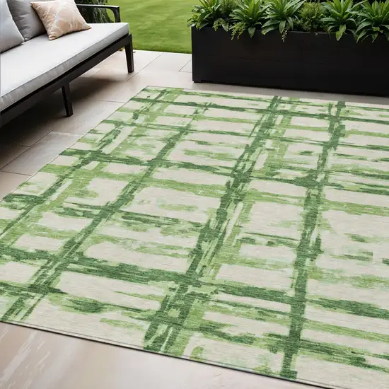 Artichoke Green And Emerald Striped Washable Indoor Outdoor Area Rug Photo 1