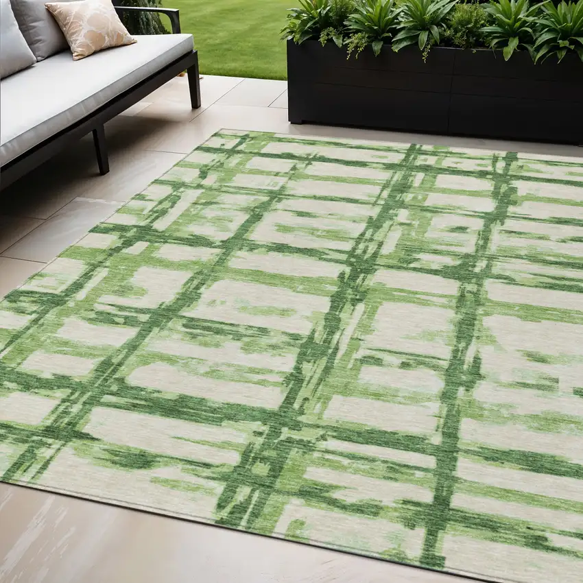 Artichoke Green And Emerald Striped Washable Indoor Outdoor Area Rug Photo 1