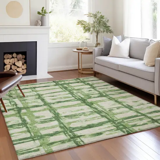 Artichoke Green And Emerald Striped Washable Indoor Outdoor Area Rug Photo 7