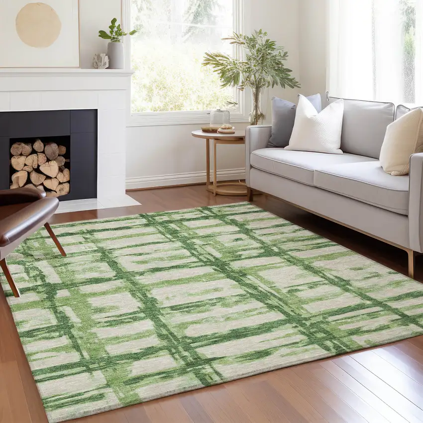 Artichoke Green And Emerald Striped Washable Indoor Outdoor Area Rug Photo 7