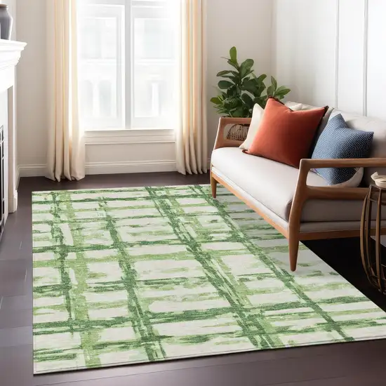 Artichoke Green And Emerald Striped Washable Indoor Outdoor Area Rug Photo 8
