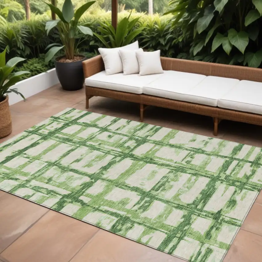 Artichoke Green And Emerald Striped Washable Indoor Outdoor Area Rug Photo 1